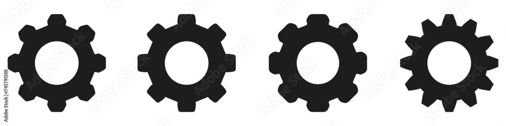 Gear setting vector icon set. Isolated black gears mechanism and cog wheel on white background. Progress or construction concept. Gear setting vector icon set. Isolated black gears mechanism and cog wheel on white background. Progress or construction concept.