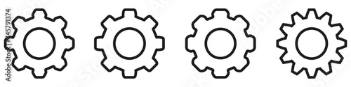 Gear setting vector icon set. Isolated black gears mechanism and cog wheel on white background. Progress or construction concept.