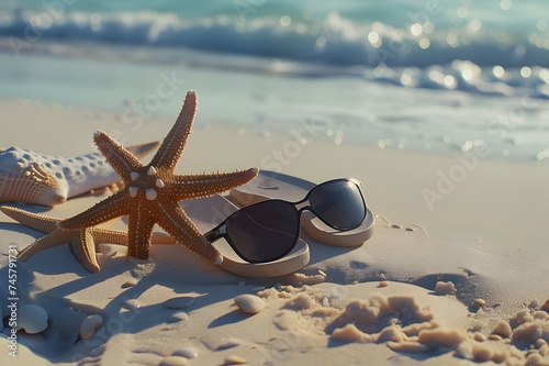 Colorful starfish, beautiful seashell, and stylish sunglasses on a serene tropical beach © Nadzeya