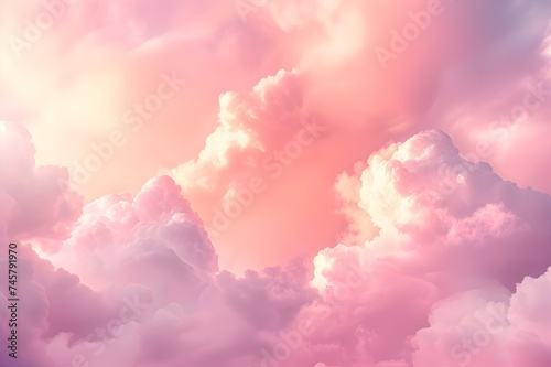 Soft pink clouds in a serene cloudscape with radiant sunlight shining through.