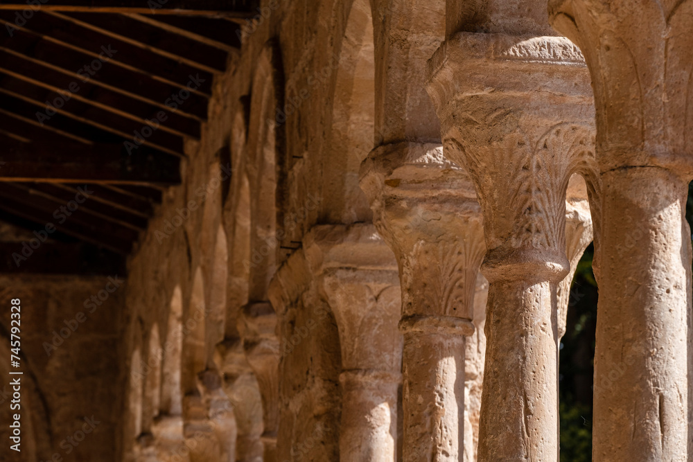 arcaded gallery of semicircular arches on paired columns, Church of the Savior, 13th century rural Romanesque, Carabias, Guadalajara, Spain arcaded gallery of semicircular arches on paired columns, Church of the Savior, 13th century rural Romanesque, Carabias, Guadalajara, Spain