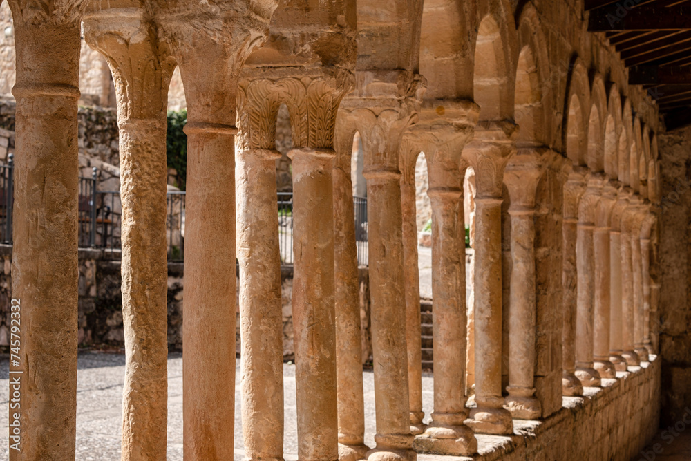 arcaded gallery of semicircular arches on paired columns, Church of the Savior,   13th century rural Romanesque, Carabias, Guadalajara, Spain