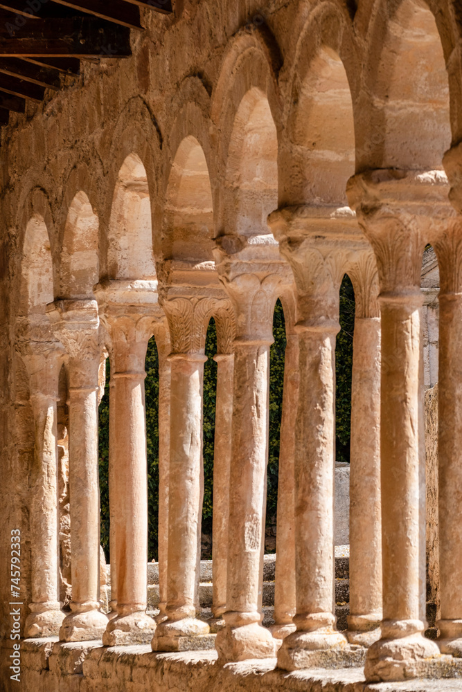 arcaded gallery of semicircular arches on paired columns, Church of the Savior, 13th century rural Romanesque, Carabias, Guadalajara, Spain arcaded gallery of semicircular arches on paired columns, Church of the Savior, 13th century rural Romanesque, Carabias, Guadalajara, Spain