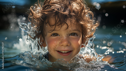 Joyful child swimming  close-up of a smiling face with water droplets  summer fun concept.