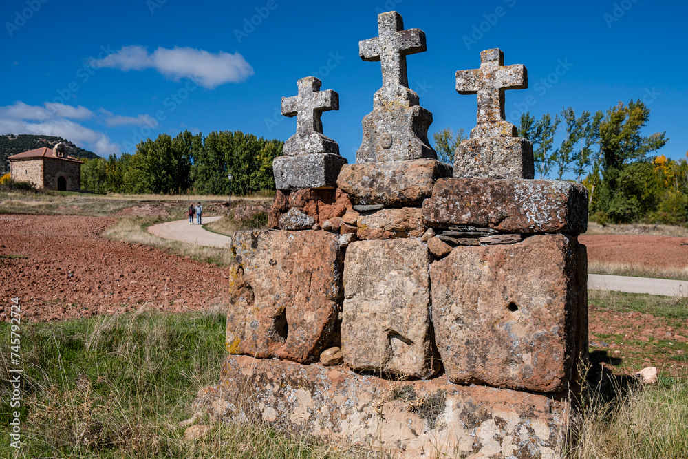 crosses on the road, Ermita de Santa Coloma, Albendiego, Guadalajara province, Spain crosses on the road, Ermita de Santa Coloma, Albendiego, Guadalajara province, Spain