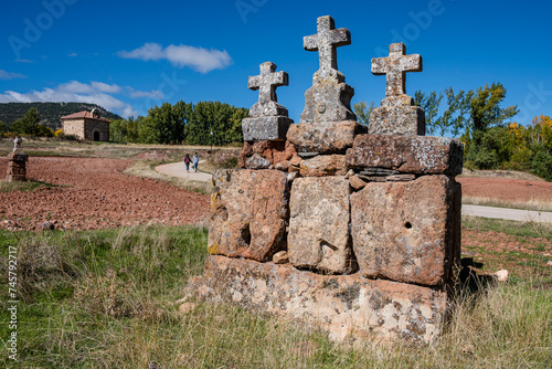 crosses on the road, Ermita de Santa Coloma, Albendiego, Guadalajara province, Spain photo