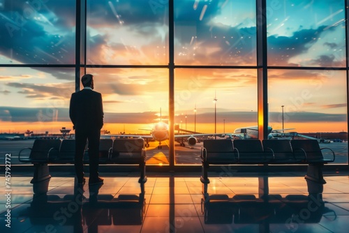 man dragging luggage looking out at the airport photo