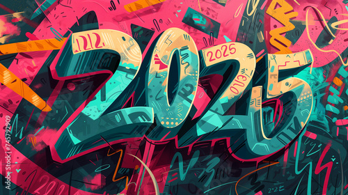 Typography Happy New Year 2025 illustration in style of vibrant urban graffiti, colorful and bright numbers