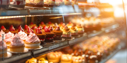 Desserts in bakery case,many different types of cakes are on display in a bakery,Abundance of baked goods, a sweet temptation generated by AI Pro Photo