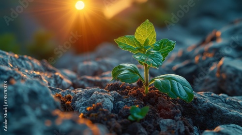 The sprout of the future tree makes its way through the rocky surface in the mountains. The concept of life and growth, despite the difficulties