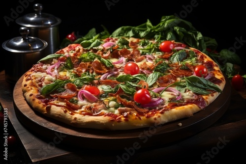 Savory pizza on table with teenagers sitting on sofa watching tv, selective focus