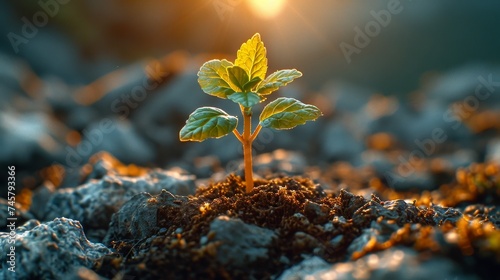 The sprout of the future tree makes its way through the rocky surface in the mountains. The concept of life and growth, despite the difficulties photo