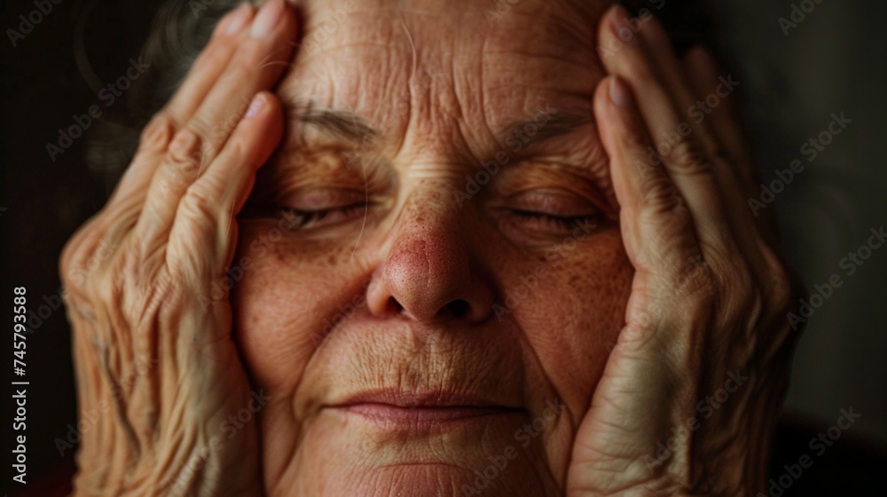 Portrait of an elderly woman with a headache, close-up. AI. Portrait of an elderly woman with a headache, close-up. AI.
