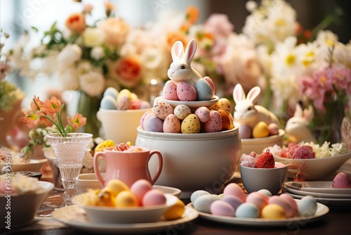 A dessert buffet with Easter themed treats, surrounded by colorful decor.