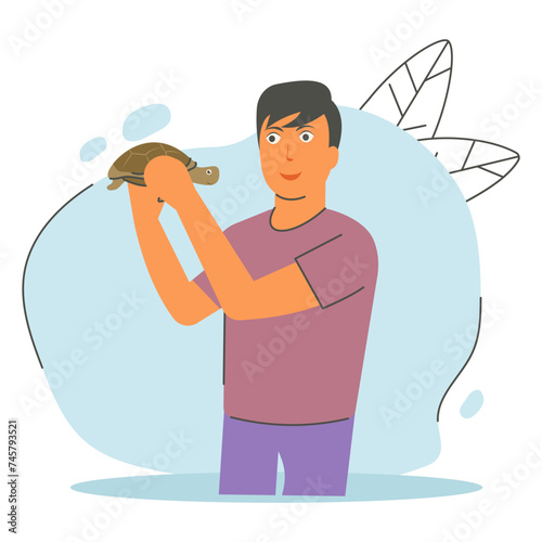 Boy Holding Small Turtle concept, Tortoise Lover vector color icon design, Pet Care or Sitting Symbol, boarding and training of animals Sign, mammals and human friendship stock illustration