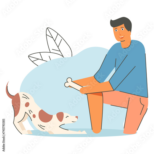 Dog Trainer Agility Instructor Giving the command concept, Person holding bone vector design, Pet Care or Sitting Symbol boarding and training of animals Sign mammals and human friendship illustration