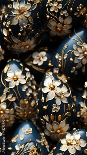 A luxurious seamless pattern featuring Easter eggs adorned with gold foil details.