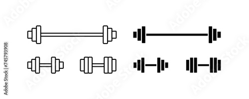 Sports dumbbells and barbells icons. Linear, set of sports icons of dumbbells and barbells. Vector icons