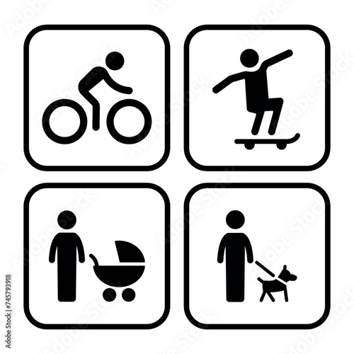 park path marker set, square black icons, bike rider, skater, mom, dog owner, simple minimalistic vector symbols
