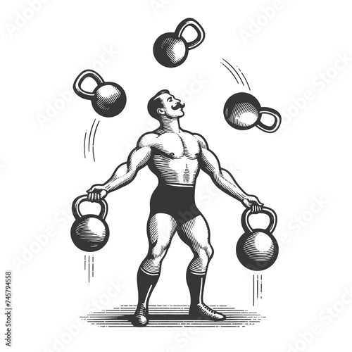 Circus strongman juggles kettlebells weights sketch engraving generative ai fictional character raster illustration. Scratch board imitation. Black and white image.