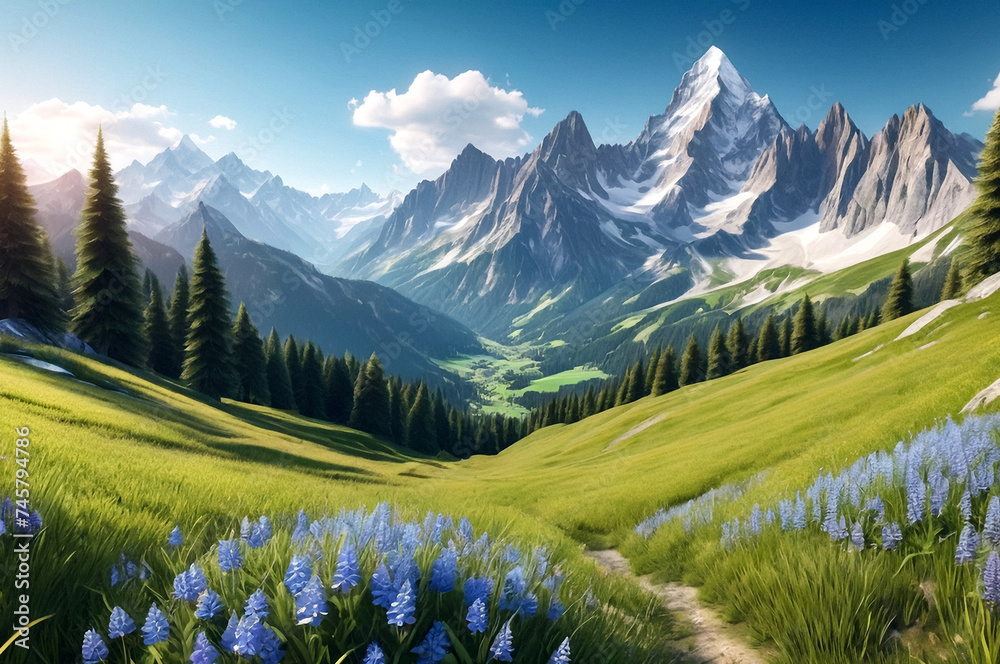 Panoramic alpine meadow with majestic mountain view. Lush green alpine meadow under a clear blue sky with panoramic mountain range in the background