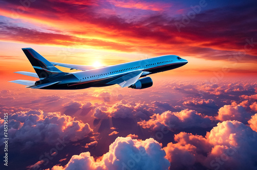 Commercial airplane landing at sunset. Jet aircraft descends against a vibrant sunset sky with scenic clouds