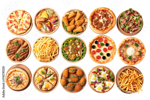 All fast food collection set Isolated on transparent background, fried chicken, fries, pizza, sandwich, chicken nuggets, eggs and bacon, shawarma, shrimp.
