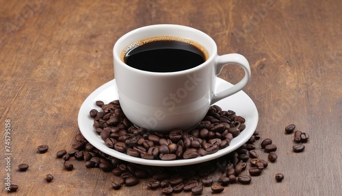 Cup of black coffee with beans on wooden table