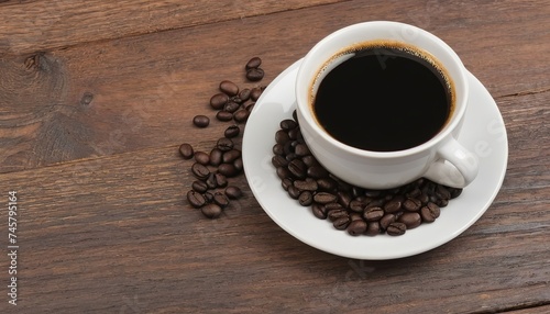 Cup of black coffee with beans on wooden table