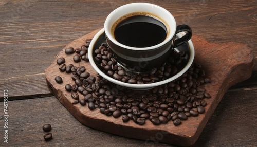 Filiżanka czarnej kawy z fasolami na drewnianym stole