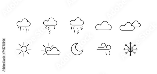 Set of weather icons. Outline collection of bad and good weather, rain, clouds, sun, snow, cold, heat weather icons.