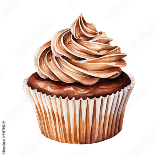 Chocolate cupcake watercolor clipart illustration on transparent background