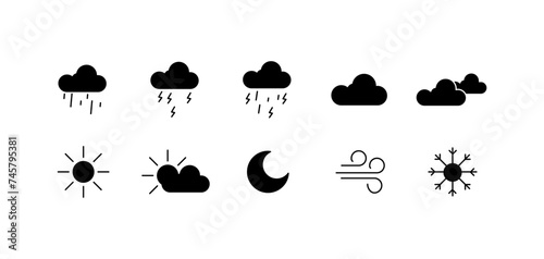 Set of weather icons. Silhouette, rain, clouds, sun, snow, cold, heat weather icons, bad and good weather collection.