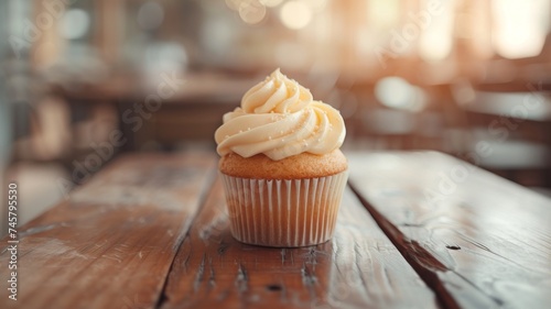 Delicious cupcake with cream, on a wooden table, in a cafe, in a restaurant, blurred background, Space for text photo