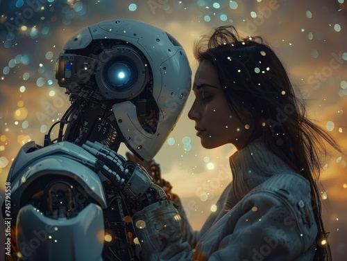 Love in a time of AI a human and android share a moment under the stars illustrating a future where emotions transcend form photo