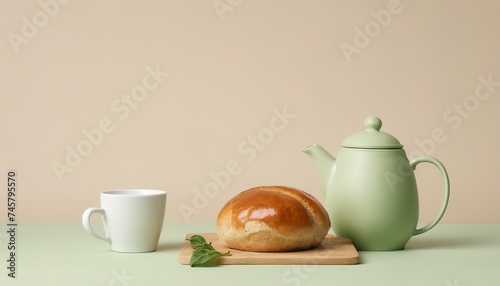 Minimalism, food on a background. Empty text space, mocap. Bun Tea Green beige white background