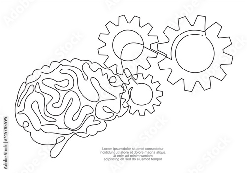 Human head with gears. Concept of good mental health. Continuous one line drawing. Destress management in psychology. Vector illustration
