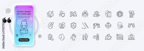 Dont touch, Problem skin and Nasal test line icons for web app. Pictogram icon. Phone mockup gradient screen. Vector