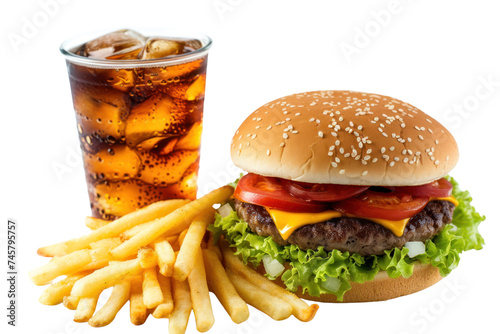 Hamburger and cheeseburger with coke soda, deluxe fast food, isolated on transparent background.