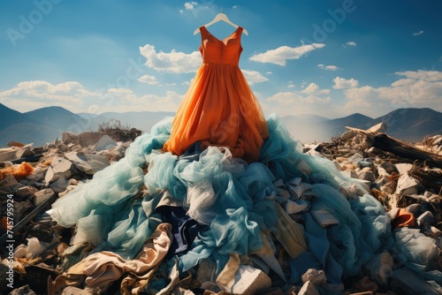 Heap Of Clothes Tossed Into Landfill. Concept Fast Fashion Landfill Waste, Sustainable Fashion Alternatives, Economic Impact Of Fast Fashion, Consumer Habits Disposable Clothing photo