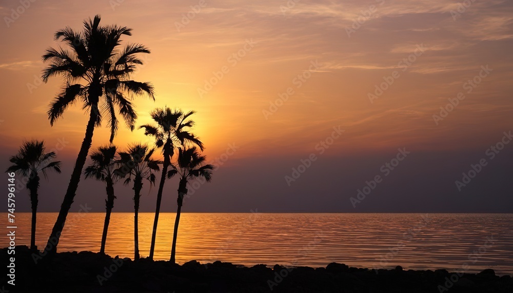 Sunset on the seacoast with silhouettes of palm trees