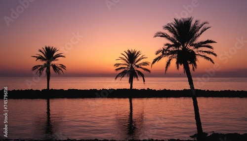 Sunset on the seacoast with silhouettes of palm trees © Iuliu