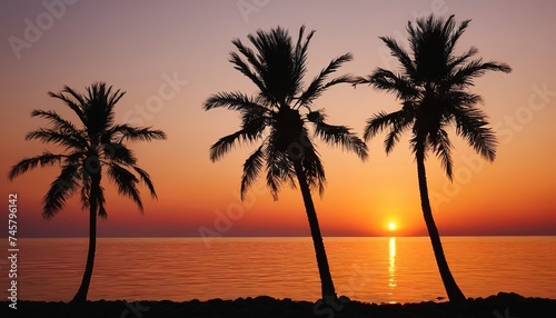 Sunset on the seacoast with silhouettes of palm trees