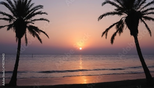 Sunset on the seacoast with silhouettes of palm trees © Iuliu