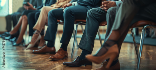 Close up of business peoples legs waiting for a job interview. Hiring and recruitment concept photo