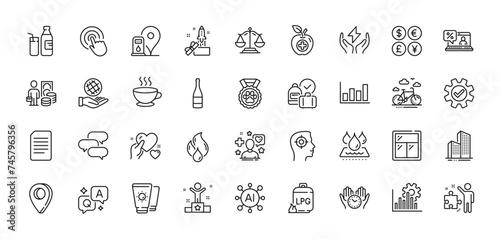 Money profit, Coffee cup and Safe time line icons pack. For web app. Line icons. Vector