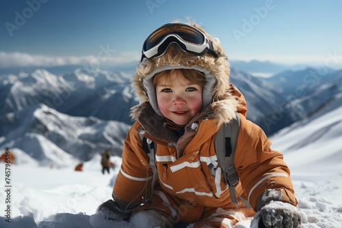 Cute little child in a ski suit is skiing in the mountains. Family vacation concept. Ski resort. Winter time. Copy space