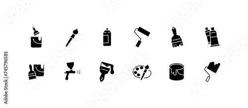 Painting icons design. Silhouette, design of painting buttons, set of icons of brushes, spray cans, paint. Vector icons