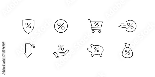 Set of percent icons. Outline, percent icons inside shield, circle, basket, arrow, hand, pig, money bag, percent design. Vector icons