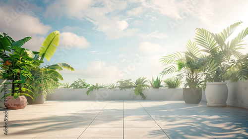 Empty outdoor roof terrace with potted plants in minimal style